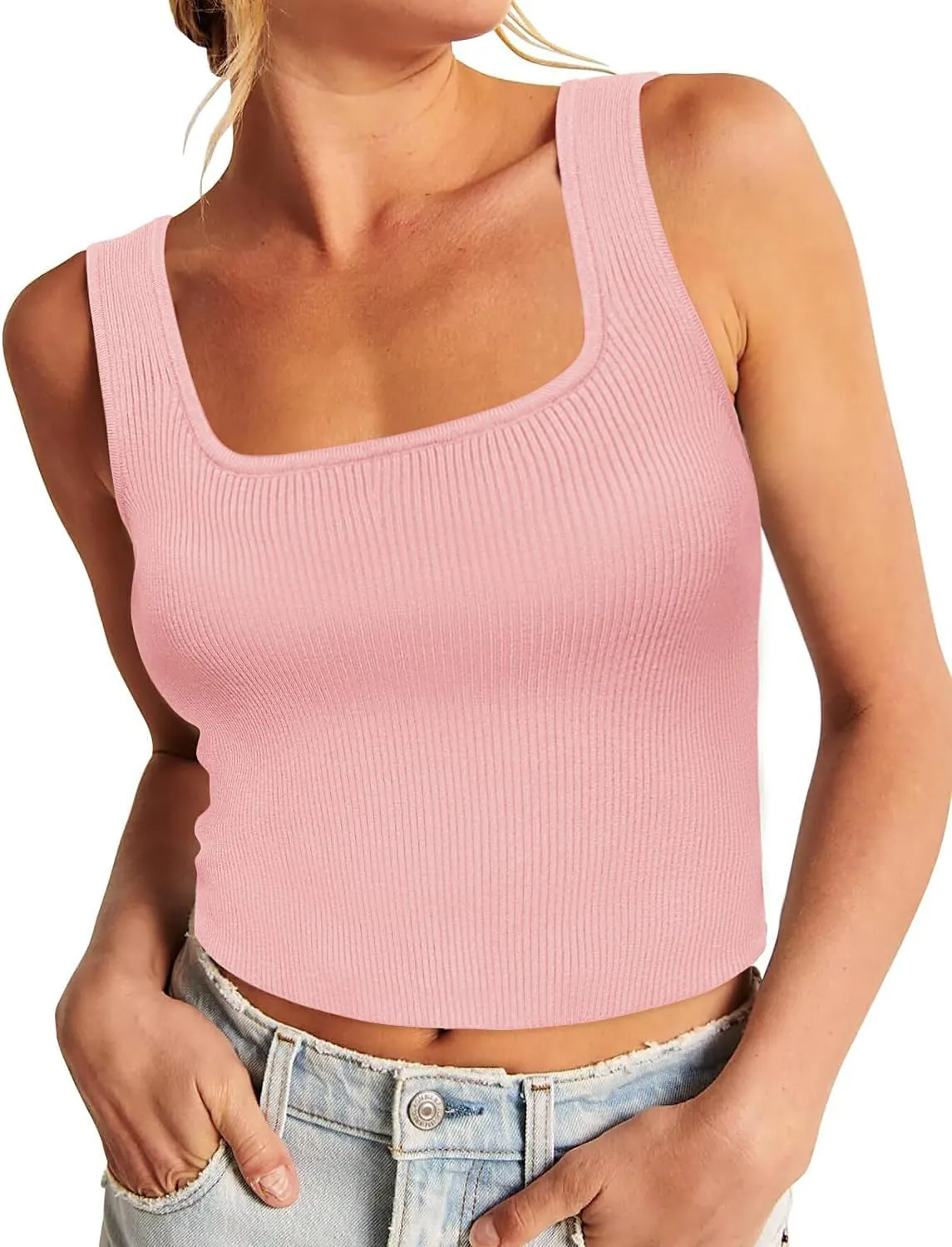 Zeagoo Womens 2024 Summer Tank Top Square Neck Ribbed Knit Crop Top Sleeveless Camisoles Slim Fitted Basic Sweater Shirt