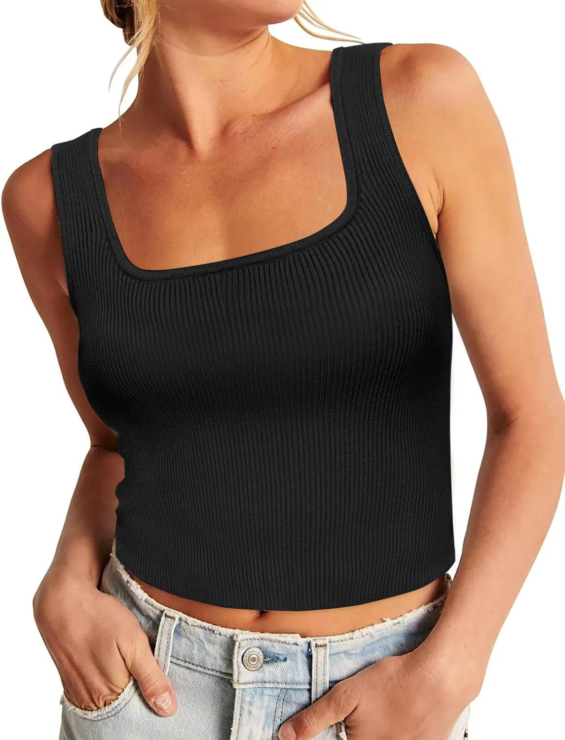 Zeagoo Womens 2024 Summer Tank Top Square Neck Ribbed Knit Crop Top Sleeveless Camisoles Slim Fitted Basic Sweater Shirt