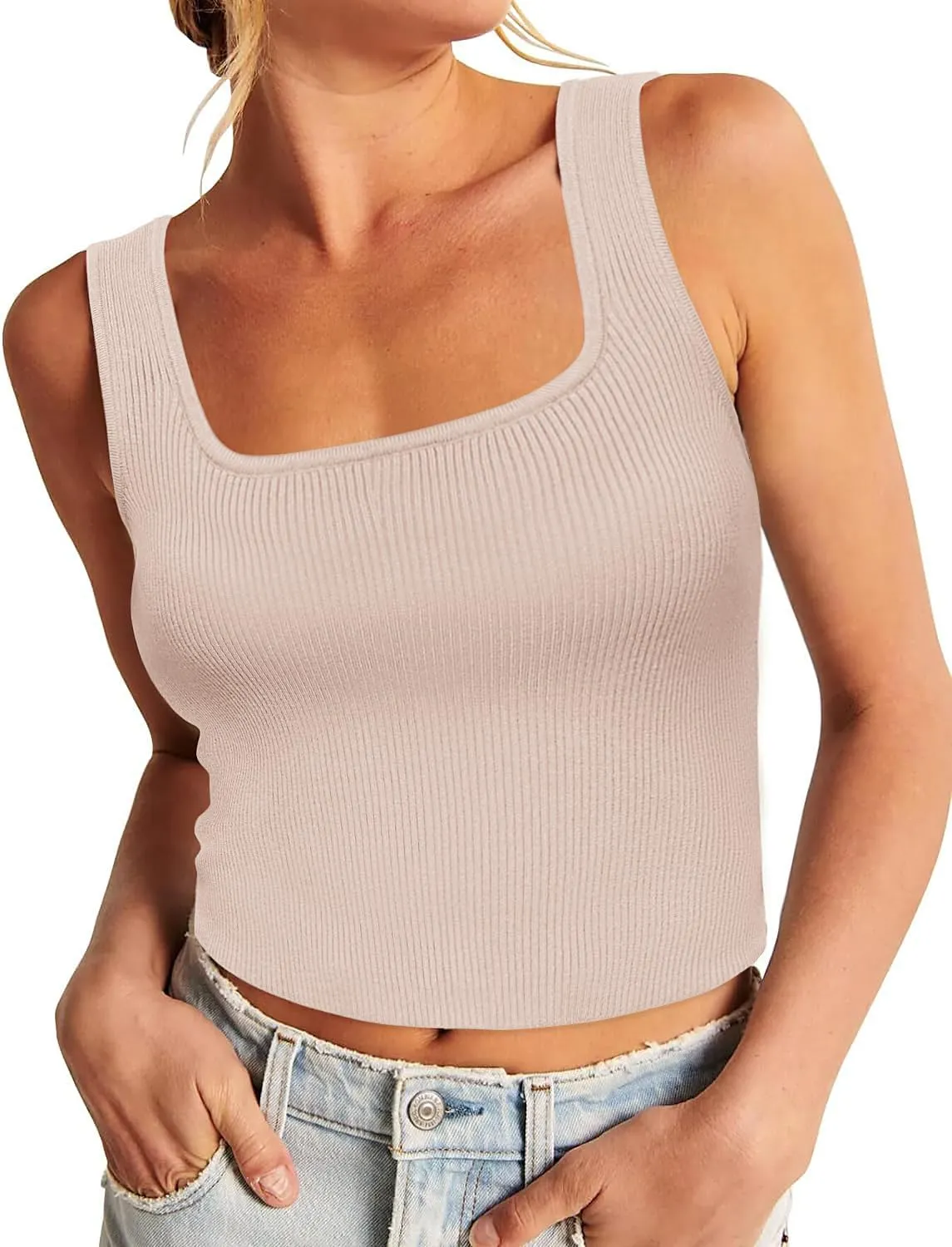 Zeagoo Womens 2024 Summer Tank Top Square Neck Ribbed Knit Crop Top Sleeveless Camisoles Slim Fitted Basic Sweater Shirt